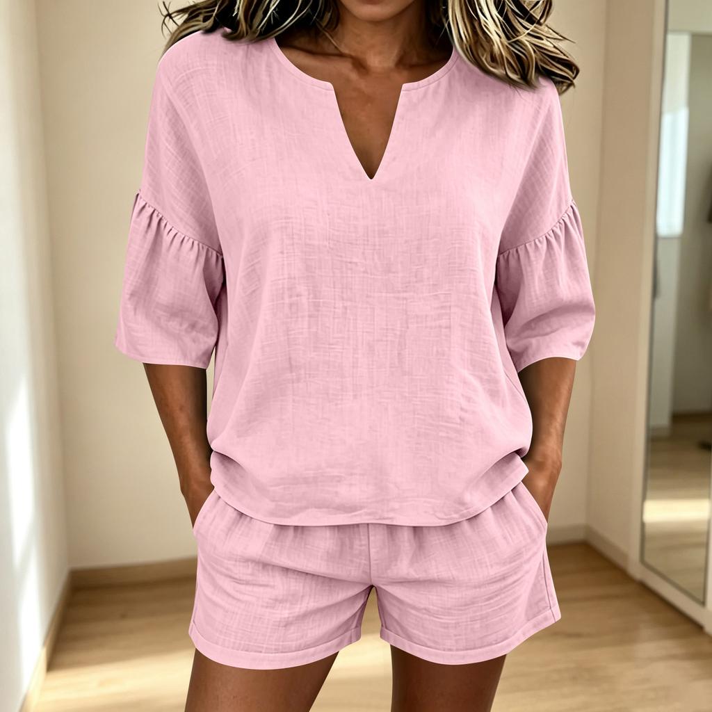 Lässiges Damen Zweiteiler Set in Farbe, V-Ausschnitt Oberteil mit Dreiviertelärmel und Shorts mit elastischem Bund und Taschen
