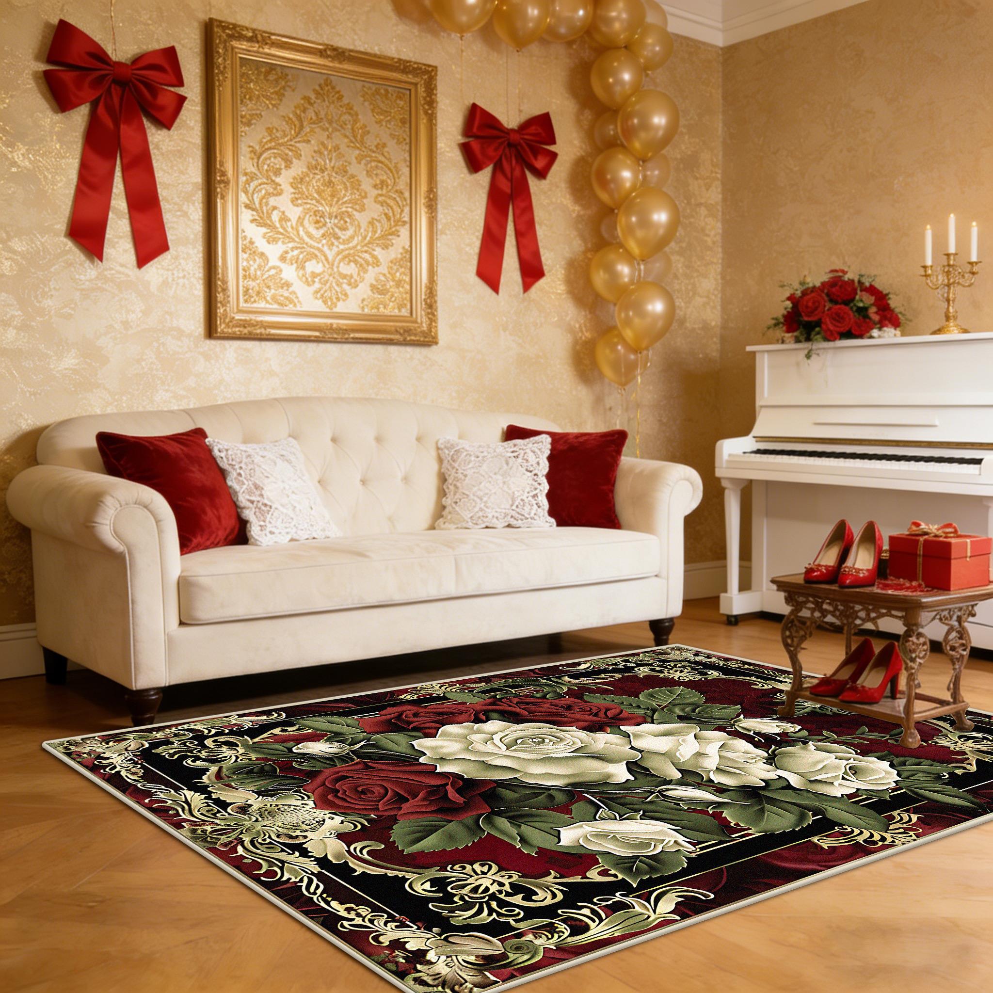 

European Style Luxury Rose Living Room Carpet Romanticism Decoration Home Sofa Area Rug Bedroom Washable Soft Floor Mat Antiskid 60x90cm