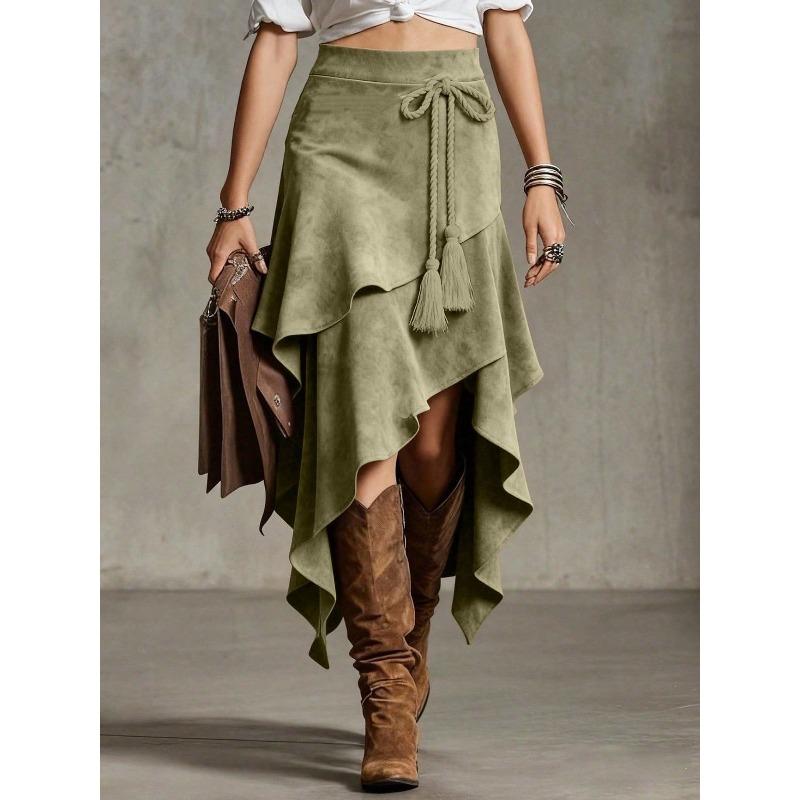 Women's Faux Suede Skirt Boho High Waist Irregular Handkerchief Hem Tie Front Tassel Mid Calf Length Western Style