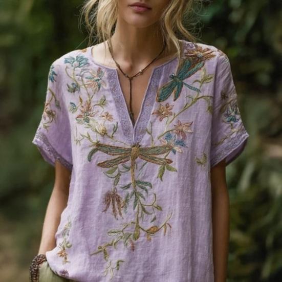Women Shirt V-Neck Short Sleeve Loose Fit Pullover Tops 3D Printed Pattern Summer Casual Blouse Daily Wear
