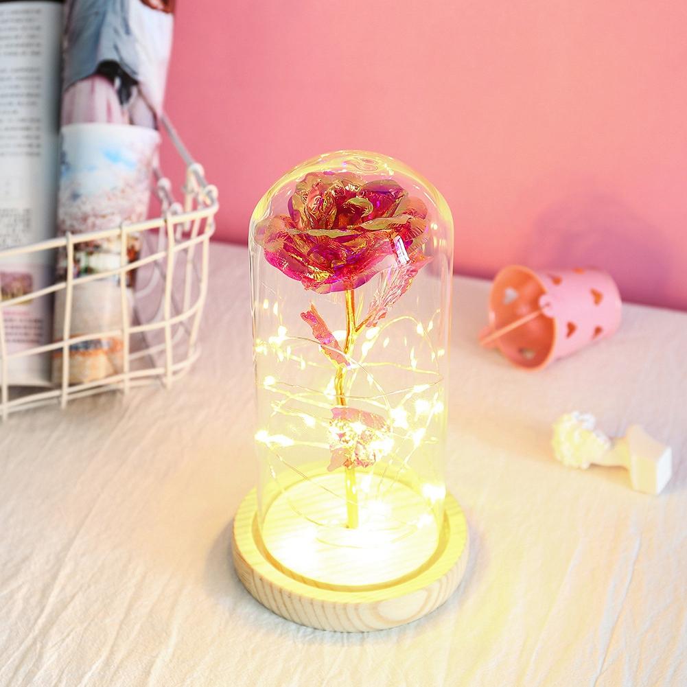 LED Night Light Lamp Wooden Base with Beautiful Rose Valentines Gift Christmas Presentpink