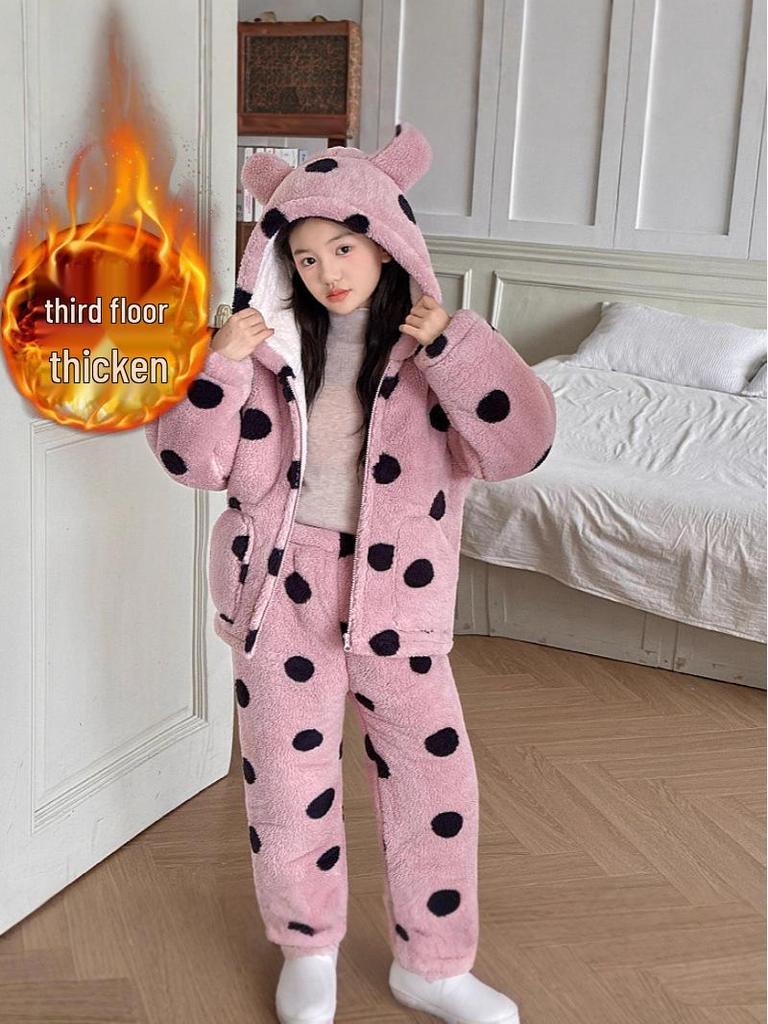 Girls' Cartoon Fleece-Lined Pajama Set - Warm Winter Wear for Babies & Kids