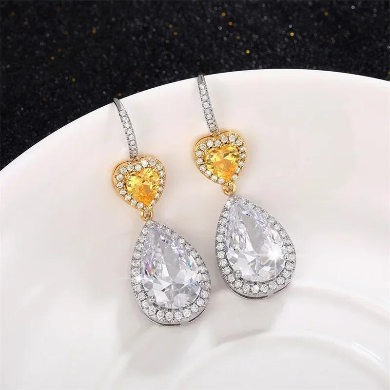 Luxury Big Water Drop Cubic Zirconia Dangle Earrings For Women Two-Tone Yellow Heart Elegant Wedding Party Jewelry