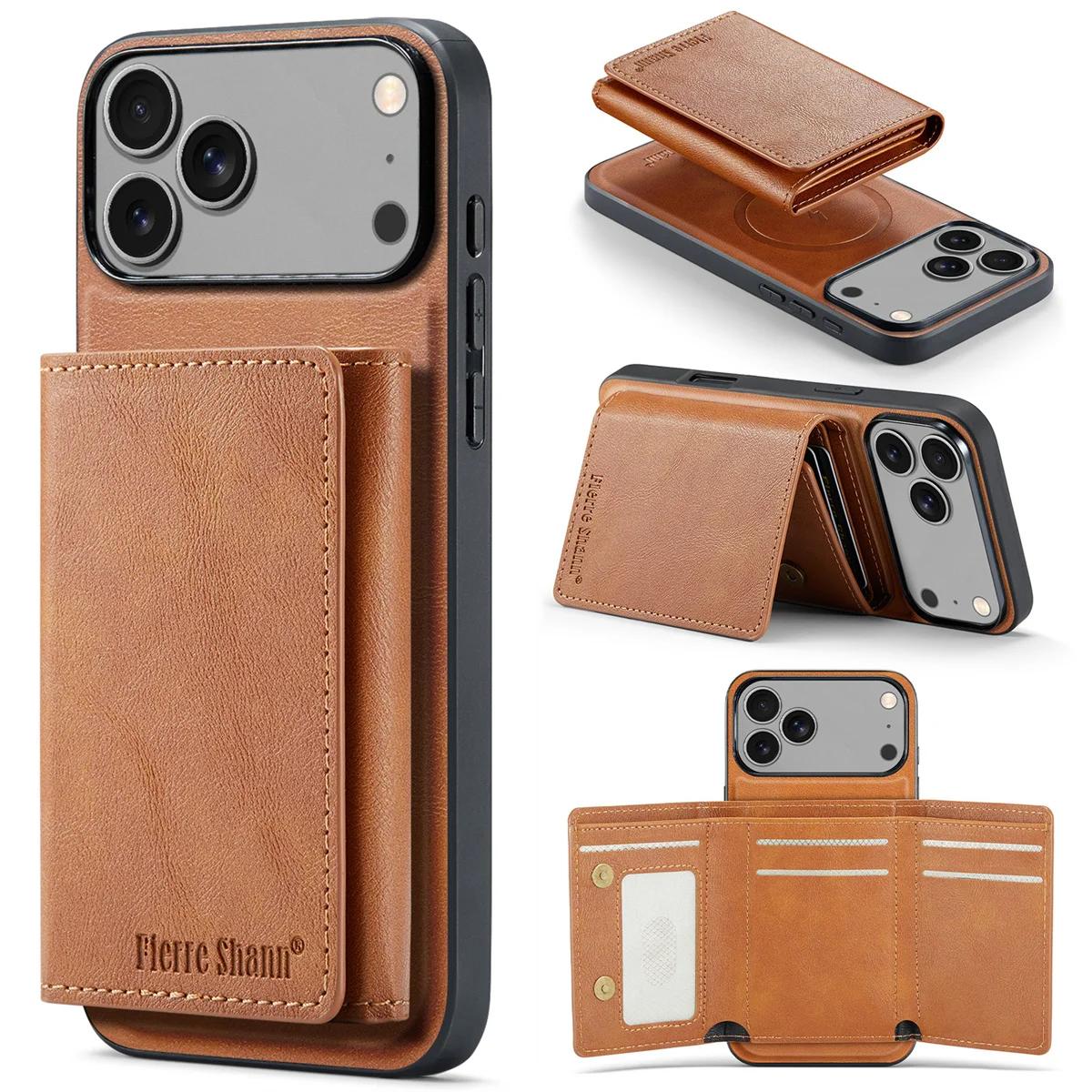 

Wallet Cards Slot Leather Phone Case for IPhone 17 Air 17 Pro Max 15 16 Plus 14 13 12 11 Magnetic Magsafe Kickstand Back Cover iPhone17 Pro коричневий