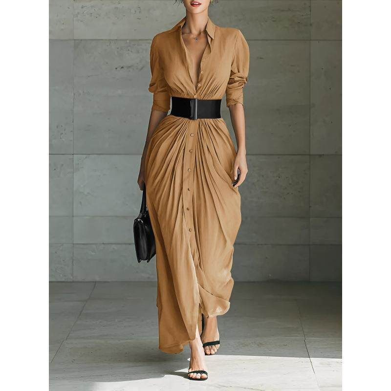 

New Temperament Lapel Button up Shirt Dress Khaki [Ready Stock] L