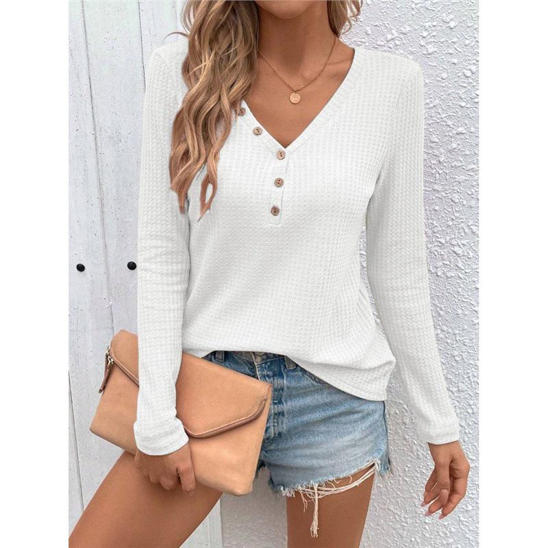 

2024 Women s Bestseller: Waffle Knit V-Neck Button Long Sleeve T-Shirt L белый