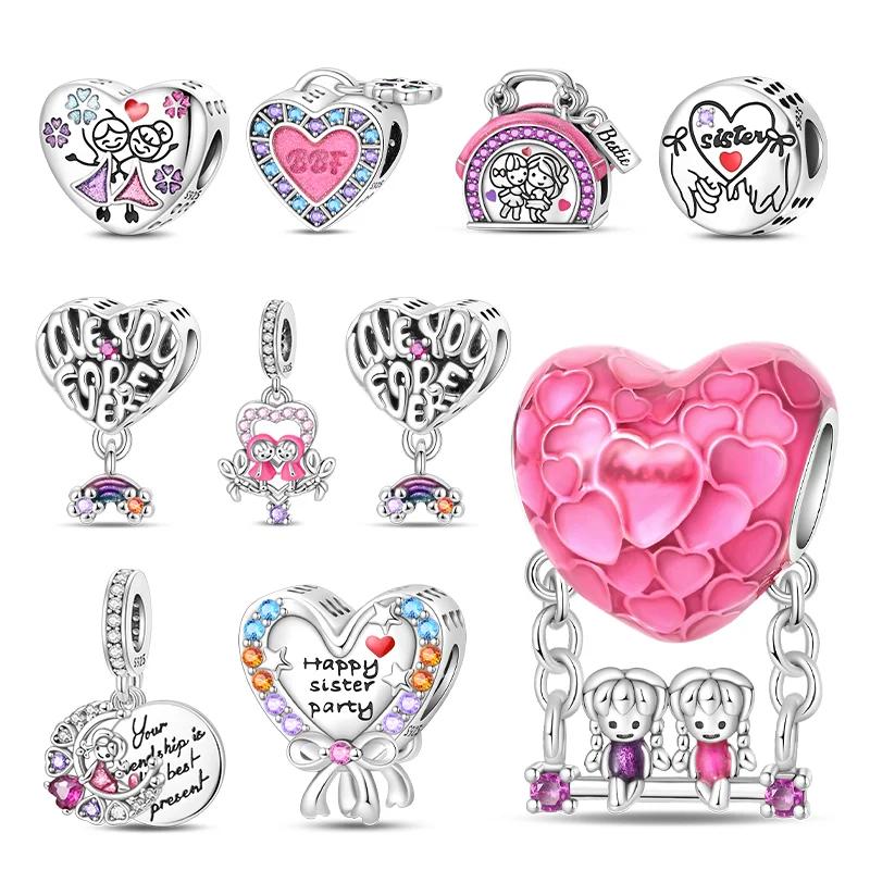 Copper Metal Sisters Friendship Series Pink Heart Charm Bead Component Forever Love Bead Components Compatible With Authentic Original Bracelet High