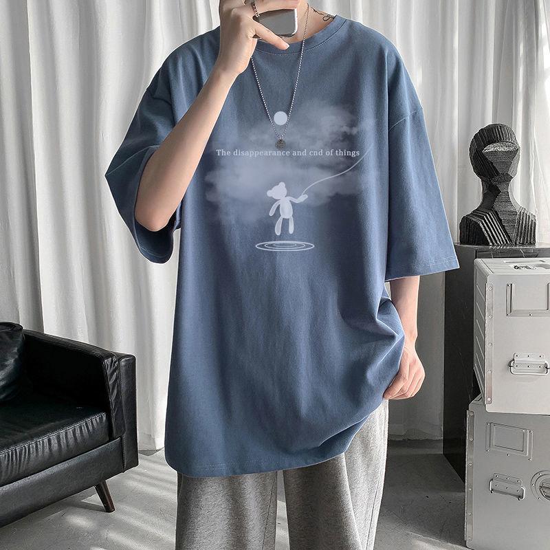 Pánské bílé letní volné tričko s krátkým rukávem z čisté bavlny s kresleným potiskem