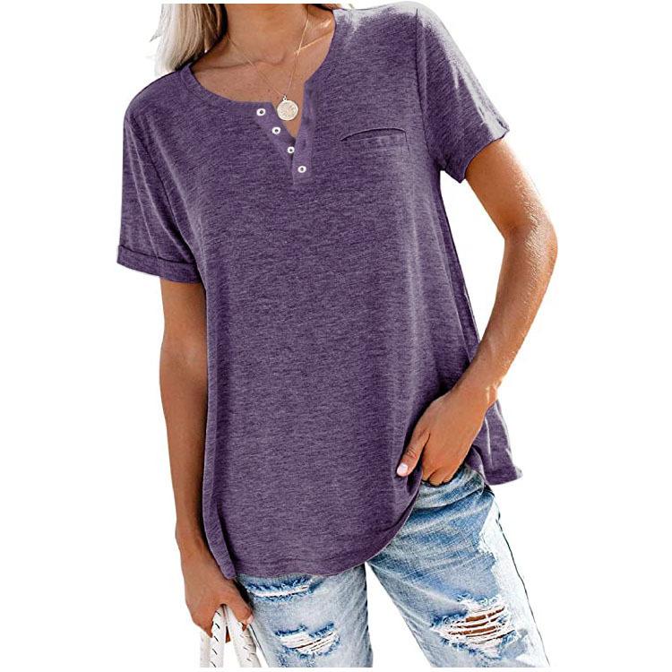 New Women's V-Neck Short Sleeve Loose Pocket T-shirt for Spring/Summer - Europe & America Style