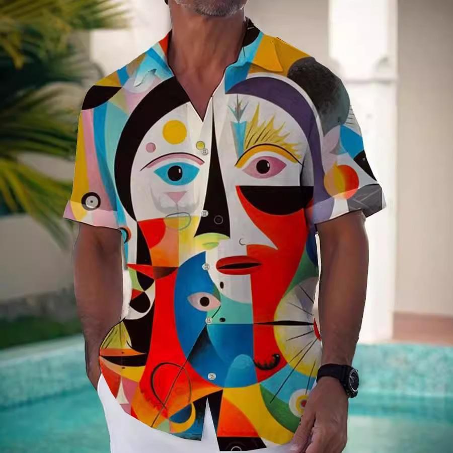Línea Casual Primavera y Verano Facebook Camisa Hawaiana Estampada 1D Hombres Fabricante Comercial Viento Ligero Maduro Lino
