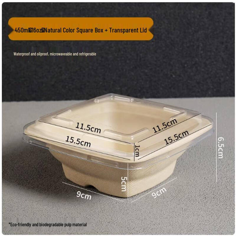 Sanbile 450ml Disposable Square Pulp Food Containers with PET Lids
