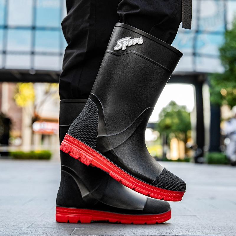 British High Boots Rain Shoes Rain Boots Contrasting Black and Red Fishing Boots Car Wash Cleaning Wading Shoes Work Shoes Long Water Boots Men