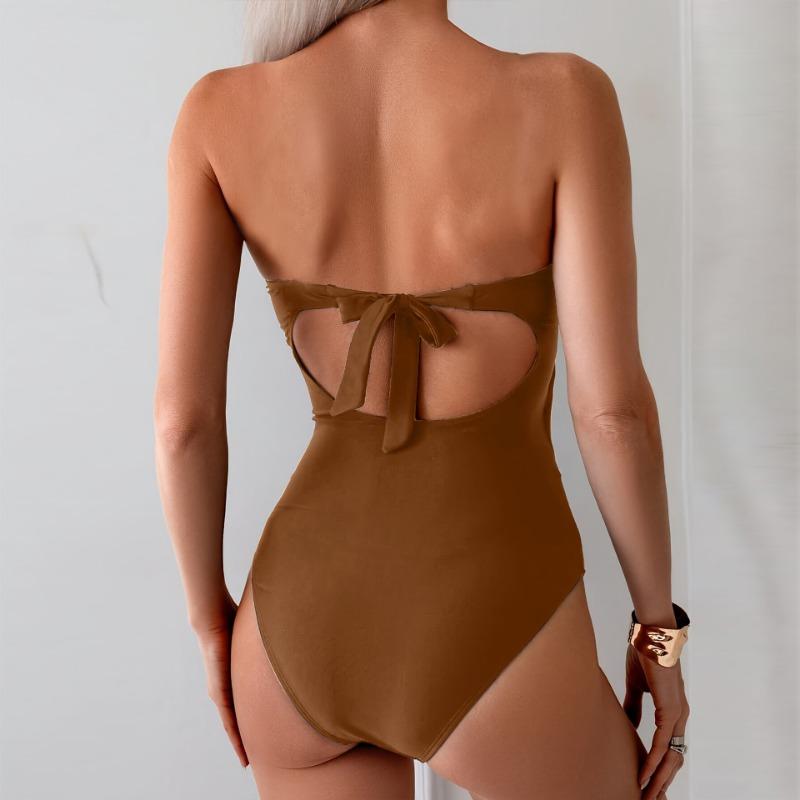 Women S Solid Color Sexy Strapless Removable Strap One Piece Swimsuit