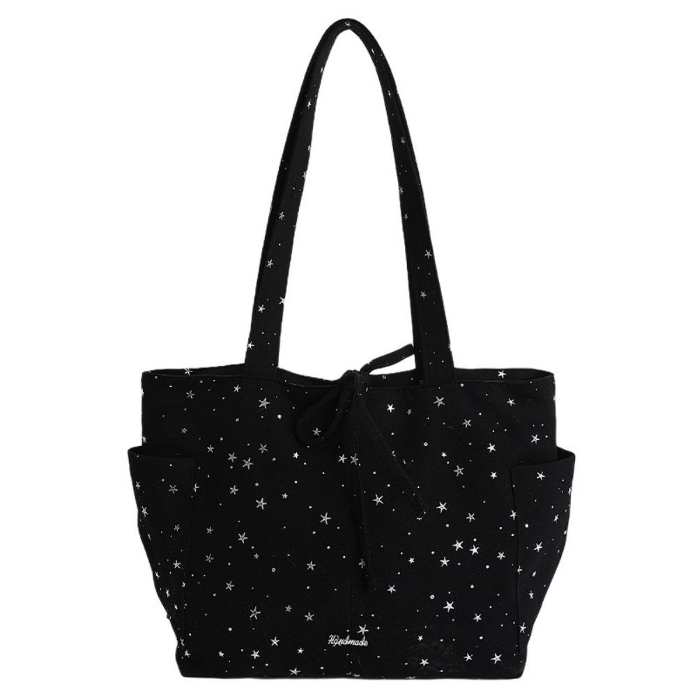

Retro Korean Style Polka Dot Shoulder Bag Large Capacity Canvas Bow Tote Bag Casual Star Element Women Handbag Daily Use