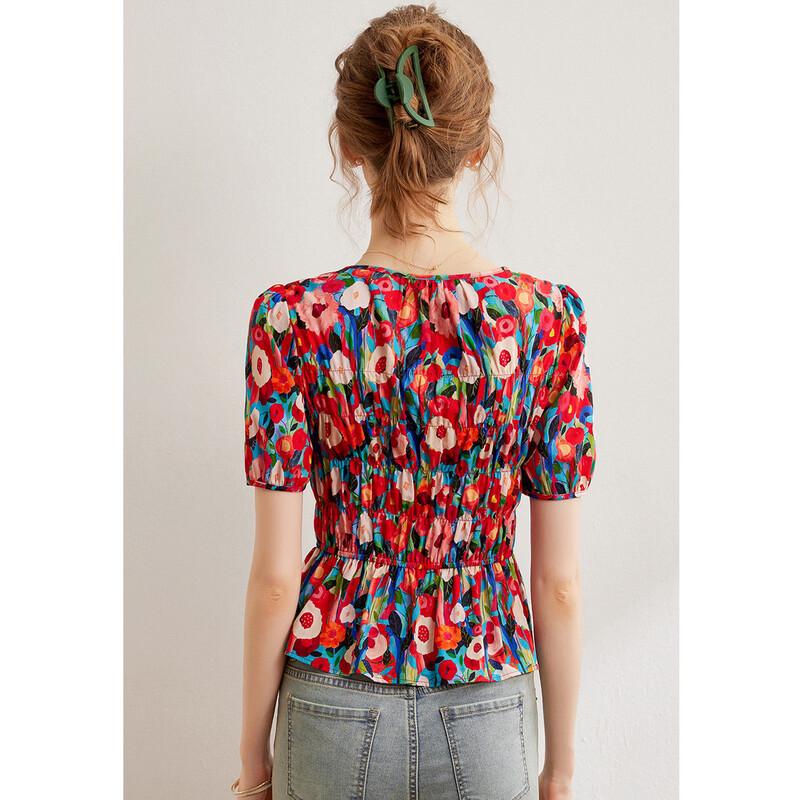 Bailuyu Elegant Floral Print Puff Sleeve Shirt