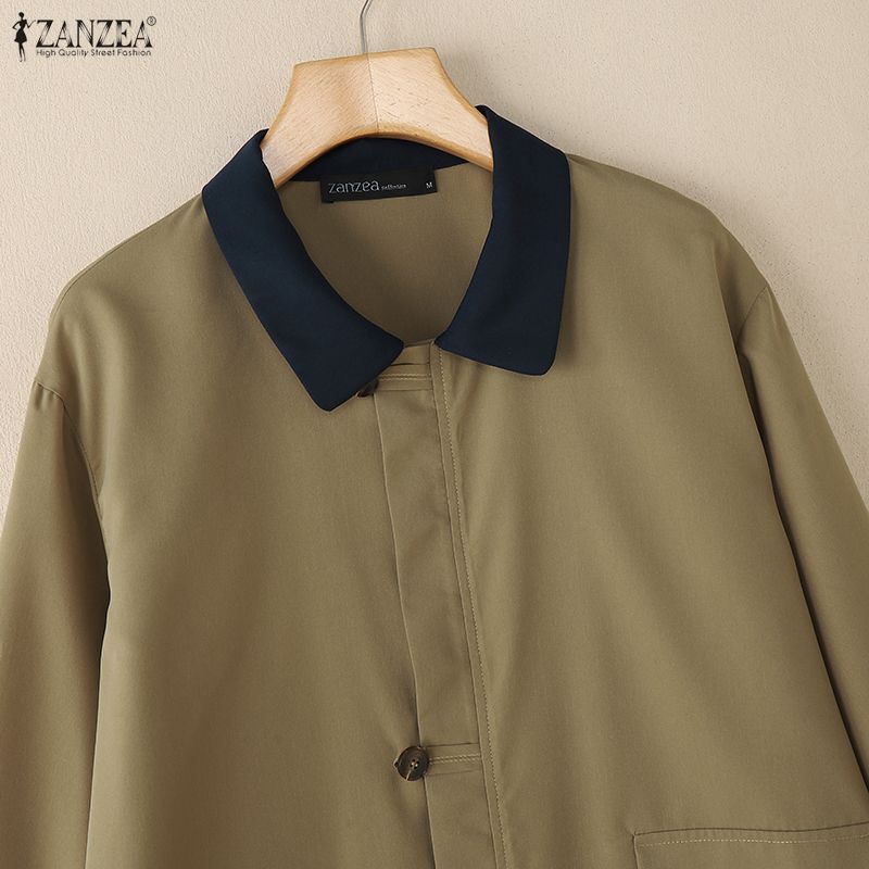 ZANZEA Women Splice Turn Down Collar Casual Long Sleeve Blouse
