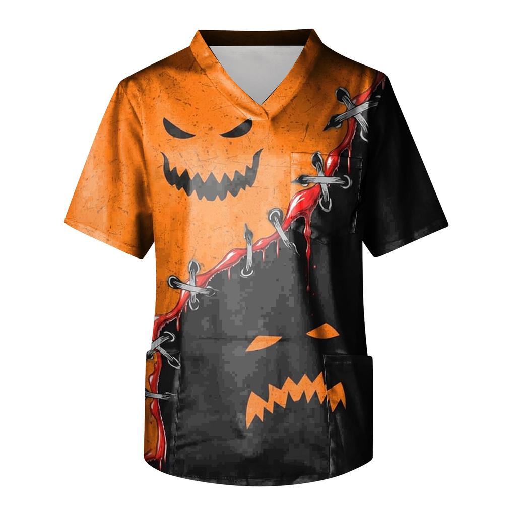 Herren Halloween Print V-Ausschnitt Kasack Kurzarm Medizinische Arbeitskleidung mit Tasche Leicht Bequem Passend für medizinisches Fachpersonal