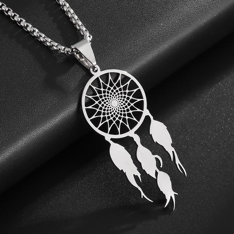 Stainless Steel Tassel Long Dream Catcher Pendant Necklace Fashion Women Retro Bohemian Ethnic Style Lucky Jewelry