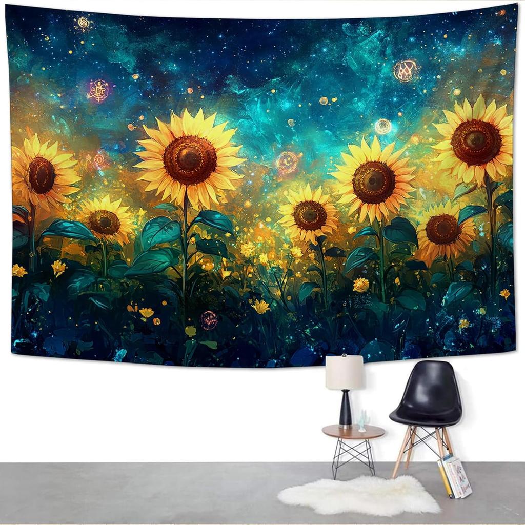 Sunflower Tapestry Galaxy Space Floral Aesthetic Tapestries Starry Sky Nature Hanging Wall Art Decor Home Decoration for Bedroom