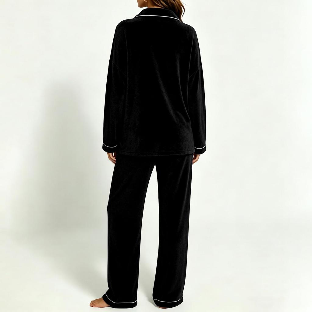 Women's Color Long Sleeve Pajama Set with Lapel Collar Top and Pants for Casual Loungewear