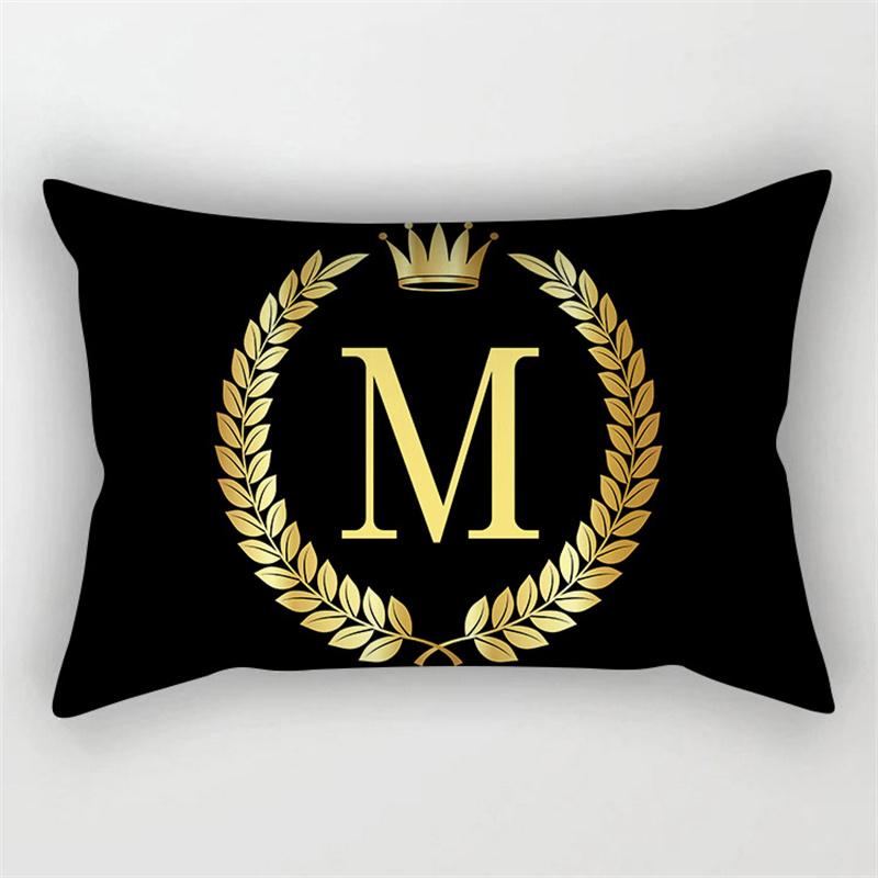 Gold Color Letter Cushion Cover 30x50cm Rectangle Pillow Case Crown Leaves Plant Polyester Black Sofa Pillow Cover Home Decor