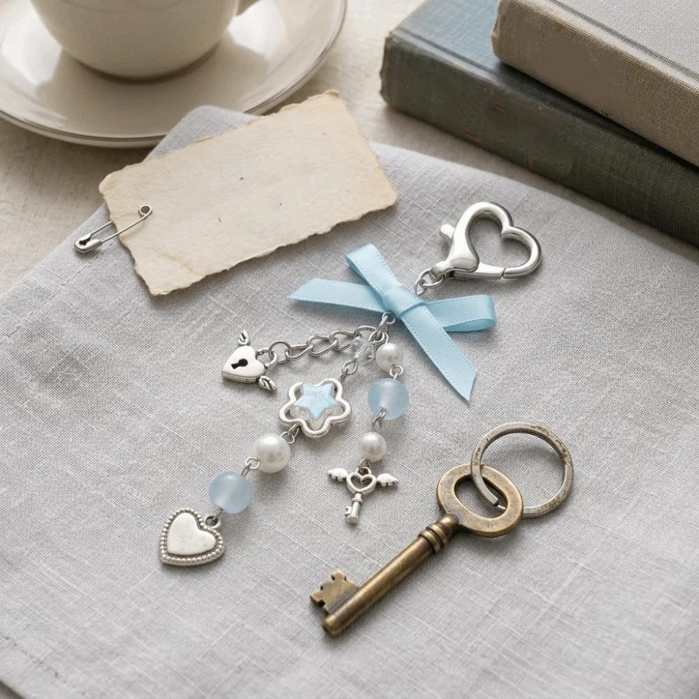 Bowknot Heart Beaded Pendant Star Beaded Lanyard Y2k Heart Keychain  Women Accessories