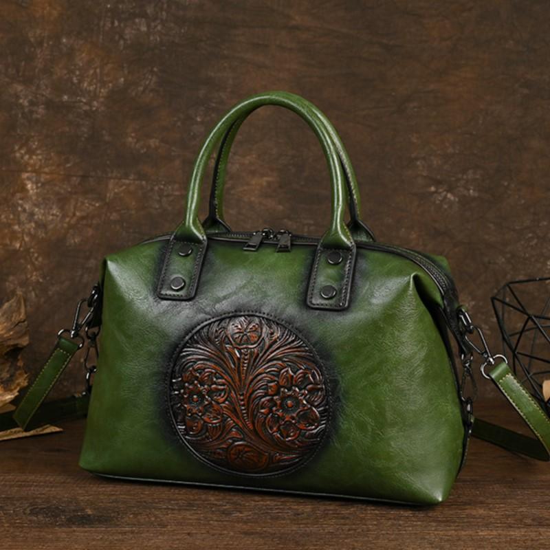 

Johnature Винтажная Сумка Ручной работы с Тиснением Женская Сумка Большой Вместимости из Натуральной Коровьей Кожи Универсальные Сумки через Плечо и Кроссбоди зелёный