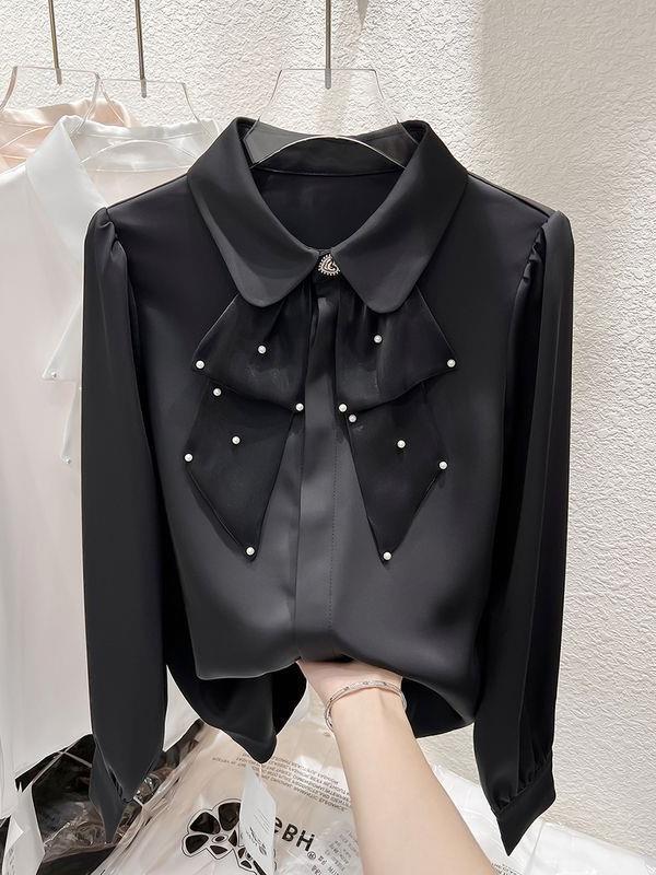 2024 Koreanischer Stil Rüschen Perlenbesetztes Revers Langarm Chiffon Top für Damen