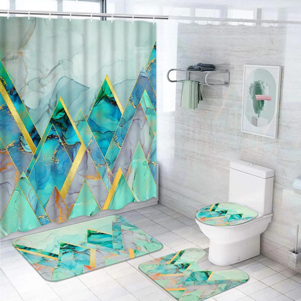 Rideau de douche et set de tapis de bain imprimé marbre géométrique Tapis doux Tapis antidérapant Couvercle de lunette de toilettes Rideau de salle de bain Décoration d'intérieur moderne