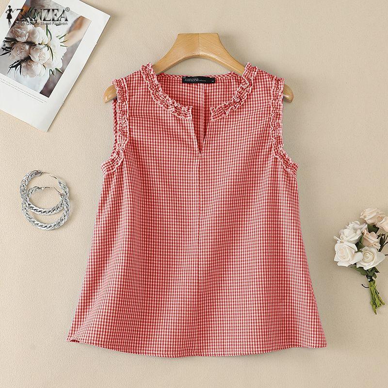 ZANZEA Canottiere Casual da Donna con Scollo a V, Stampa a Quadri, Vestibilità Larga, Senza Maniche