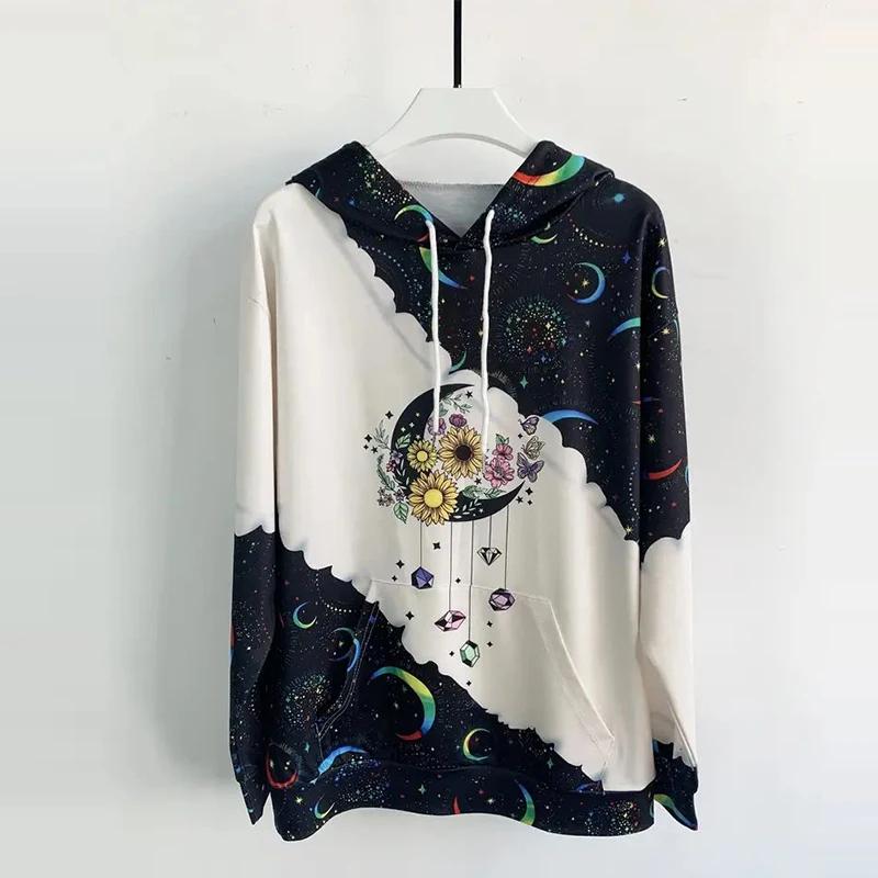 Felpa con cappuccio con coulisse e stampa luna casual a maniche lunghe Abbigliamento da donna