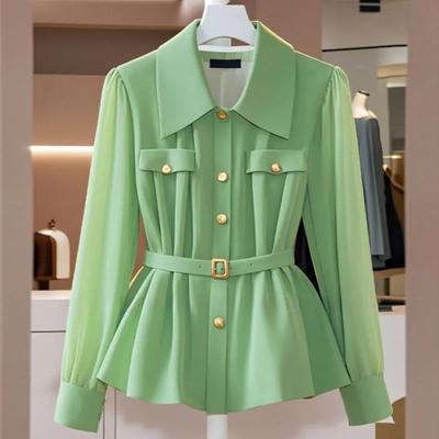 Lente/Zomer Dames Overhemd Effen Kleur Enkelrijig Lange Mouwen High-End Chic Tops Dames Blouse Dames Overhemd Groen