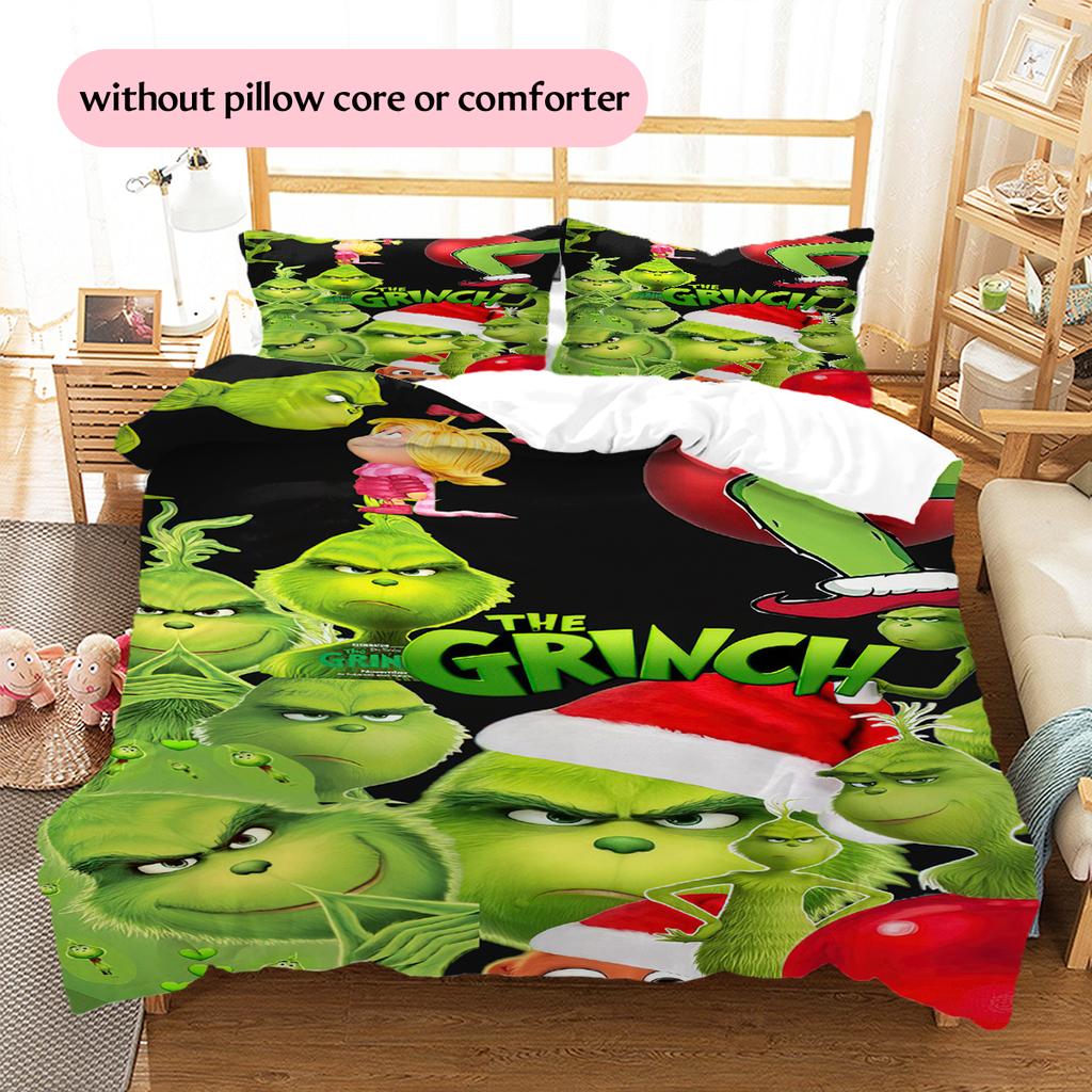1PC Grinch Pattern Bedding Quilt Set Quilt Cover Pillowcase Home Decoration Birthday Gift (1 * Duvet Cover + 2 * Pillowcase, Without Core)
