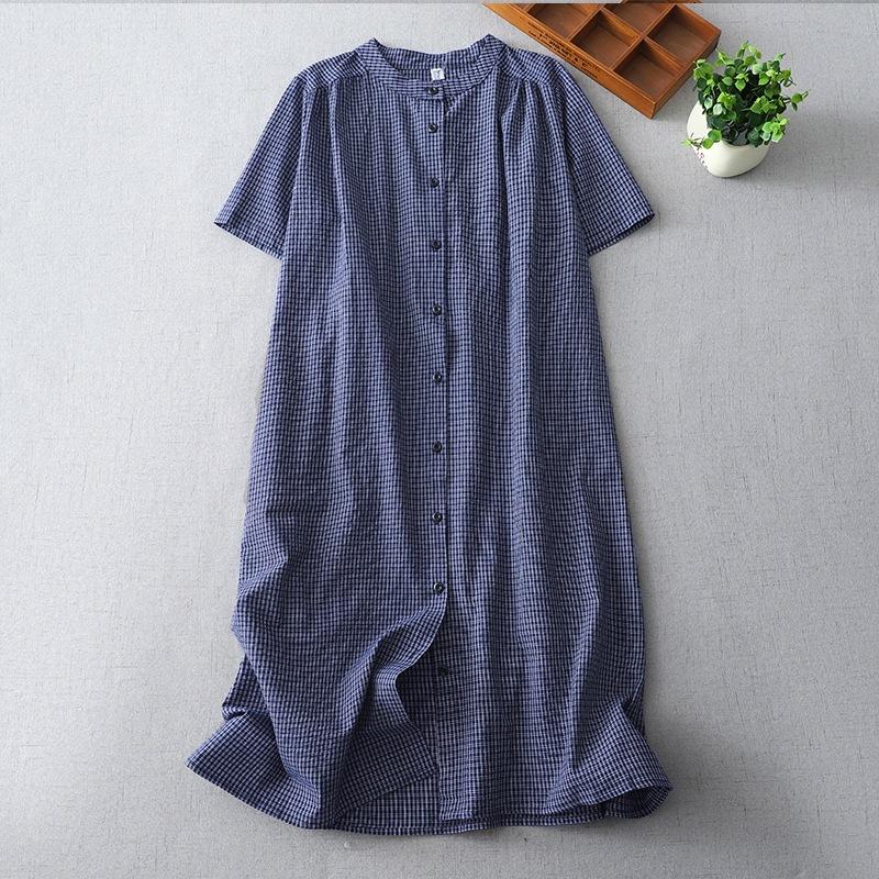 2025 Sommer neu Baumwolle und Leinen Karobluse Rock mittel und lang lässig locker gestapeltes Kleid Damen