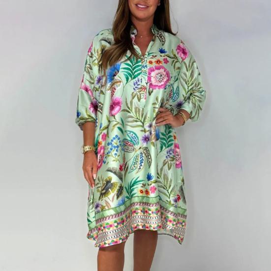 Women's Plus Size Boho Dress Floral Print Short Sleeved Button Up V Neck Dress Knee Length Summer Casual Shirt Dress
