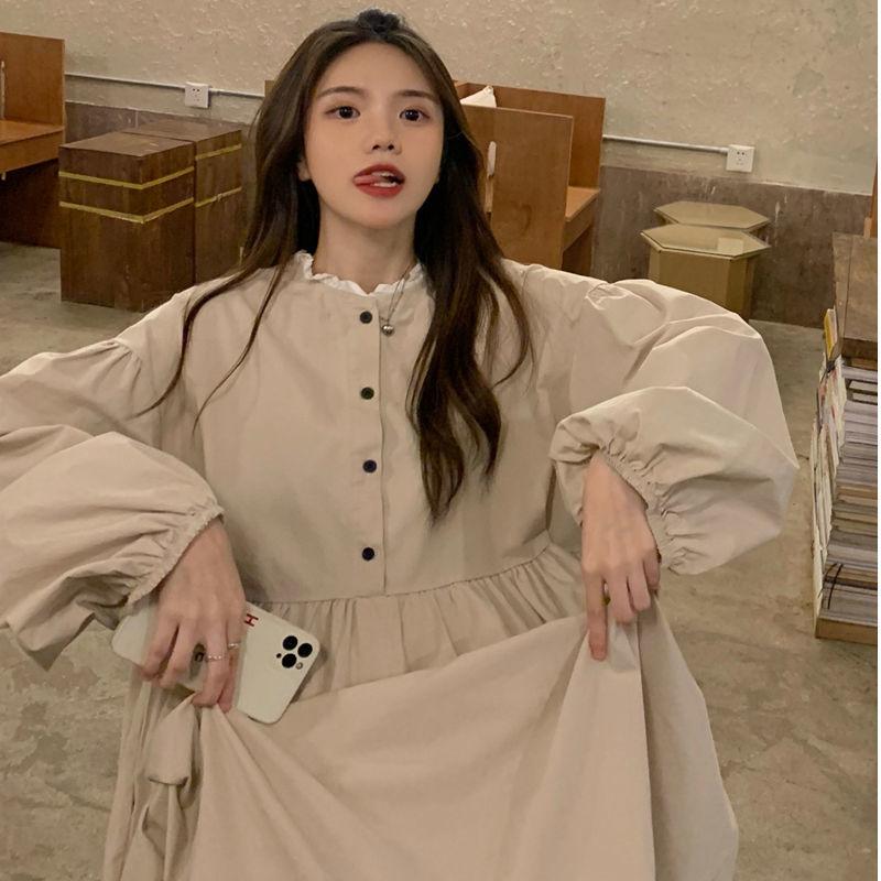 Autumn Korean Style Waist-Cinching Ruffled Fashionable Patchwork Mid-Length Temperament Long Sleeve Dress Women's