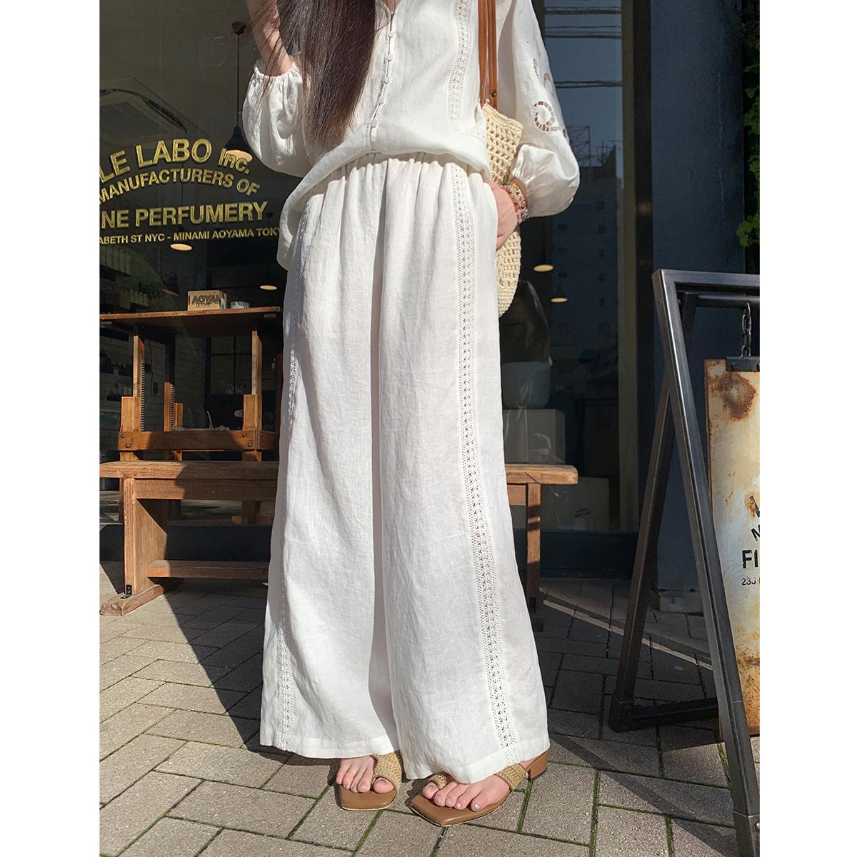 Women s Casual White Linen Patchwork Pants, Elastic Waist, Wide-Leg Straight Fit Extra Large