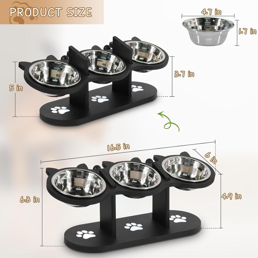 Cat Bowls Elevated, Raised Cat Food Bowls for Indoor Cats, Adjustable Heights Cat Food and Water Bowl with Black Shelf,3 Stainless Steel Elevated Cat