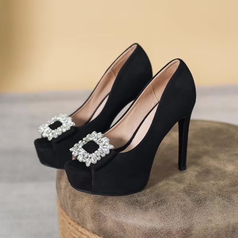 

Модные женские туфли-лодочки с открытым носком, сексуальные туфли на высокой платформе и высоком каблуке, с квадратной пряжкой с кристаллами, 12 см, дизайнерские туфли для вечеринок, клубов, офиса, летние и весенние сандалии 34 чёрный