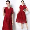 Summer Formal Evening Dress Women Hollow Out Crochet Lace Embroidery Party Long Dresses Female Short Sleeve Midi Dress