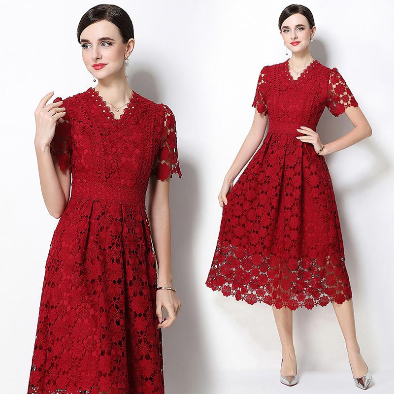 Summer Formal Evening Dress Women Hollow Out Crochet Lace Embroidery Party Long Dresses Female Short Sleeve Midi Dress