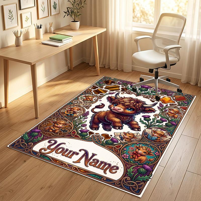 Cow Highland Theme Crystal Velvet Rug Personalized Custom Name Text Soft Floor Mat Home Decor