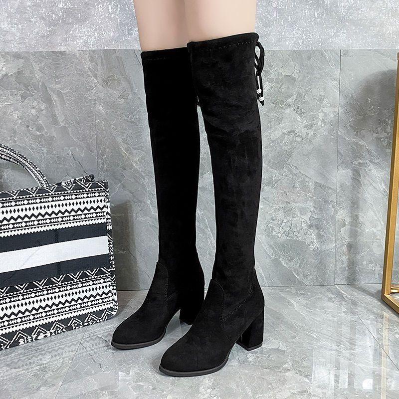 Pantofi de damă cu toc înalt până la genunchi cu fermoar, elastic, cu croială slim, cizme de iarnă, cu blană și pline de elasticitate, pantofi multifuncționali pentru femei