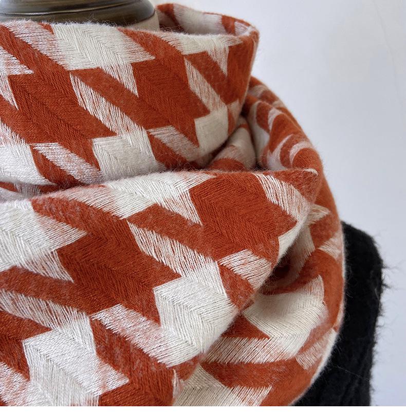 Women's Medium-Length Houndstooth Scarf - Warm, Sweet Style, Imitation Cashmere, Tassel Snood, Thick Shawl
