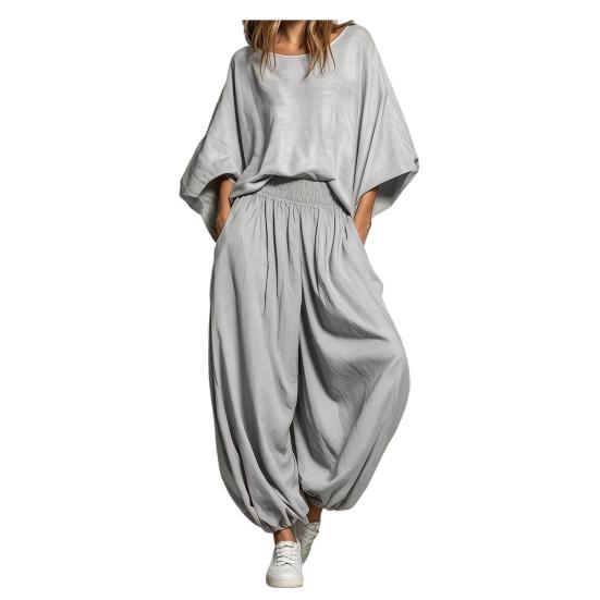 Completo da Donna Due Pezzi Set da Donna 2 Pezzi, Top Largo Girocollo Manica a Pipistrello e Pantaloni a Lanterna, Abbigliamento Estivo per Viaggi Vacanze con Tasche