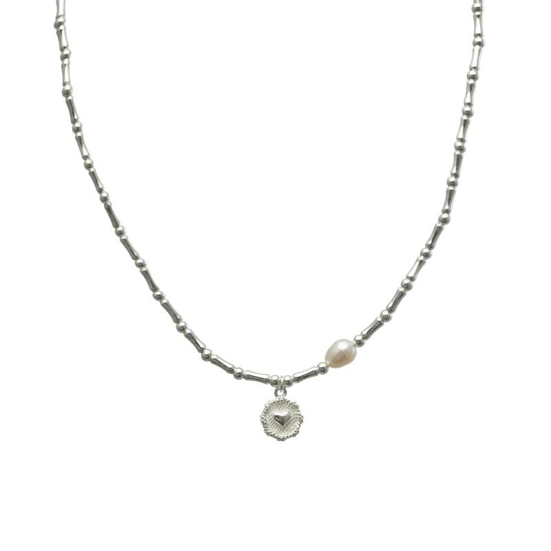 LT-075 Korean Style S925 Pure Silver Bamboo Joint Heart-Shape Pearl Bracelet Necklace Handcrafted InS-Style Hair Accessory Gift