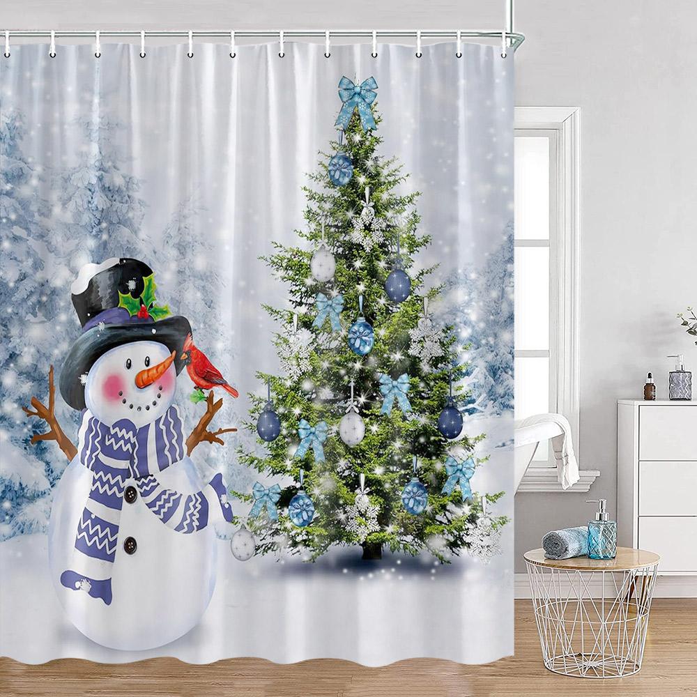Christmas Snowman Happy New Year Shower Curtain Merry Christmas Winter Snowy Snowflake Pine Bathtub Decor Polyester Bath Curtain