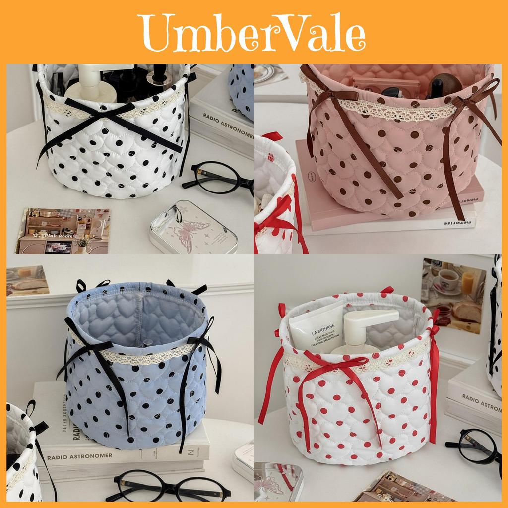 Minimalist Nylon Dot Pattern Storage Basket With Bow For Bathroom And Desk Organization