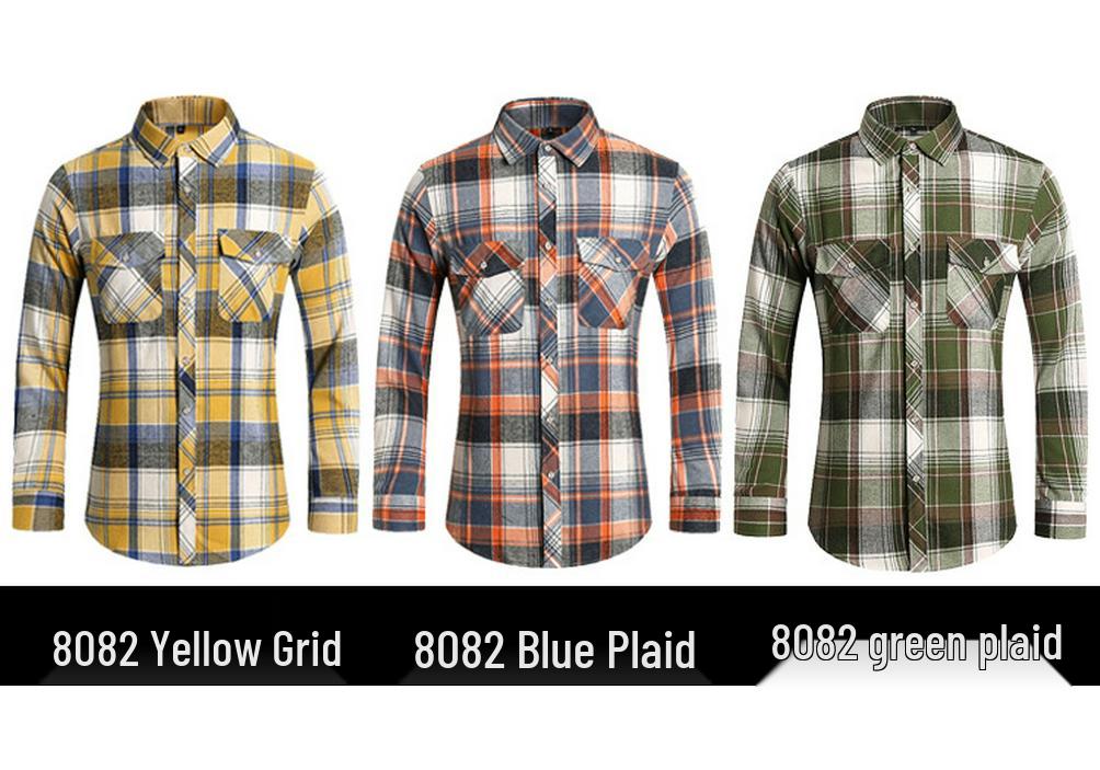 2025 Men's Plus Size Plaid Long Sleeve Shirt with Double Pockets