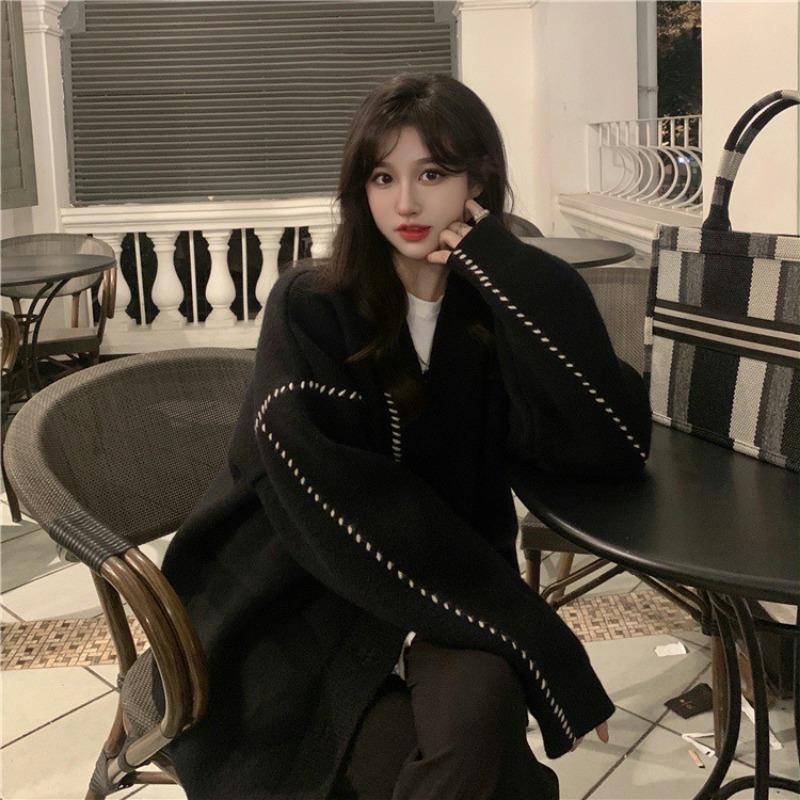 Autumn Winter Patchwork Loose Casual Cardigan Sweater Coat Women Single Breasted Knitting Outwear Top